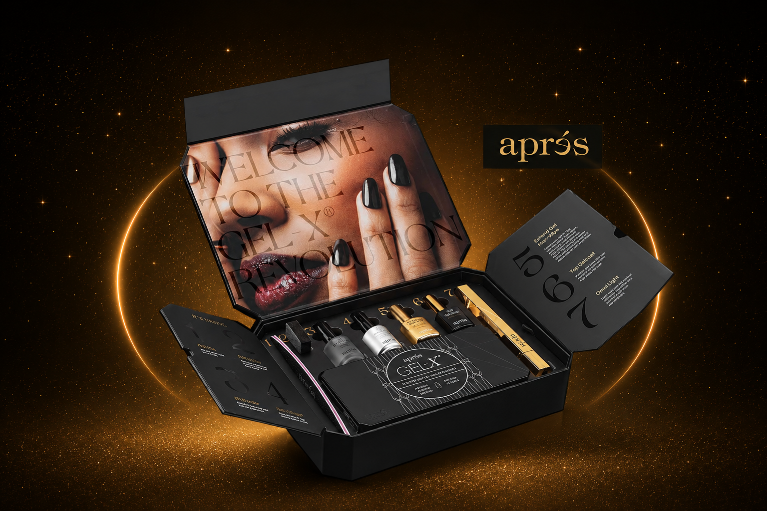 An open black cosmetic gift set box labeled 'aprós' on a dark textured background with glowing gold ring elements. The set includes multiple small black and gold beauty items arranged inside, with a printed insert showing a close-up of a hand with black nails and the text 'Welcome to the Relaxation' on the inside lid.