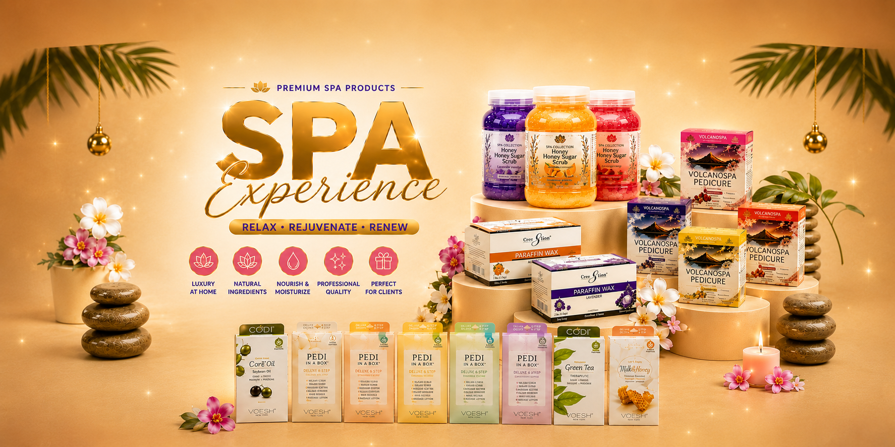 A promotional display of multiple packaged spa products arranged on pedestals against a warm beige background with decorative palm leaves, stones, flowers, and glowing light effects. Large text reads 'SPA Experience' with smaller 'PREMIUM SPA PRODUCTS' above it.