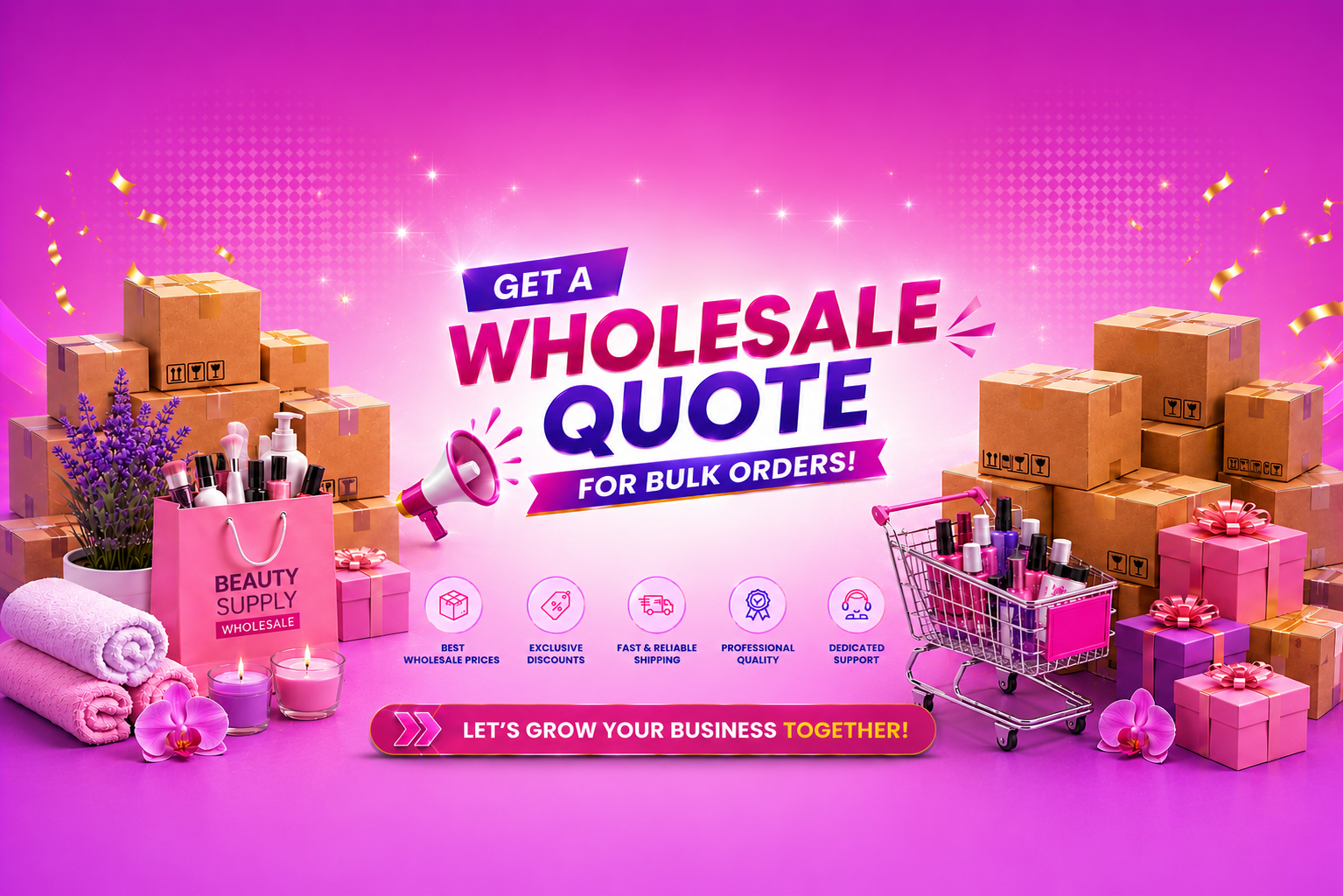 Promotional graphic for a wholesale quote in the beauty supply sector, featuring stacks of cardboard boxes, gift boxes, a shopping cart filled with cosmetics, rolled towels, and a pink shopping bag labeled 'BEAUTY SUPPLY'. The background is a vibrant pink with text reading 'GET A WHOLESALE QUOTE FOR BULK ORDERS!' and 'LET'S GROW YOUR BUSINESS TOGETHER!'.